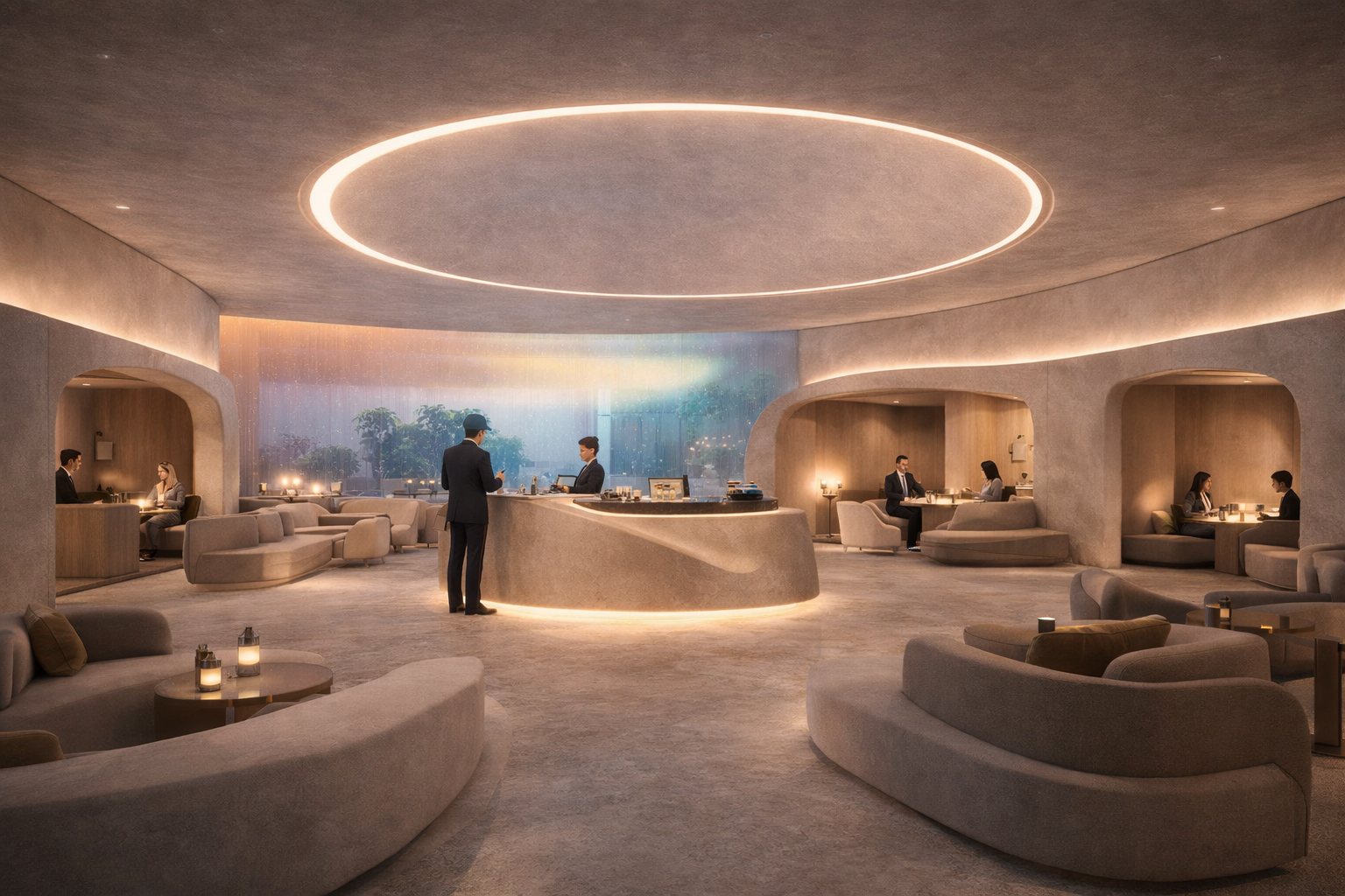 A circular lounge beneath a ring of light, curved seating facing a lit horizon